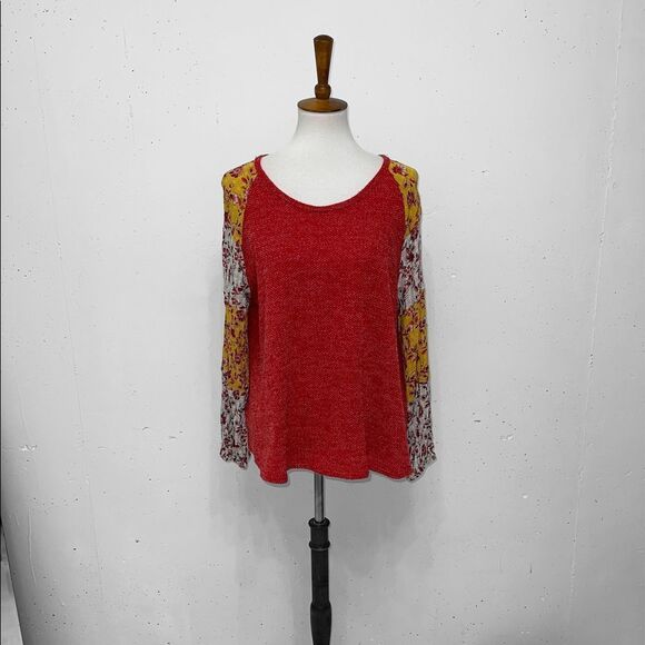 Ces Femme red orange balloon long sleeve boho mixed print floral top medium - Picture 2 of 9